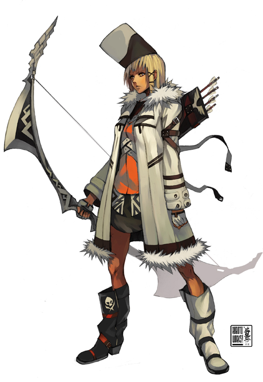 robert kim, original, bad id, bad pixiv id, 1girl, arrow (projectile), blonde hair, boots, bow (weapon), coat, dark-skinned female, dark skin, female focus, fingerless gloves, gloves, hat, quiver, short hair, solo, weapon, yellow eyes