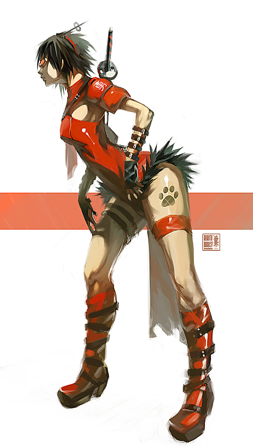 robert kim, original, bad id, bad pixiv id, black hair, boots, buckle, gloves, katana, paw print, paw tattoo, short hair, sunglasses, sword, sword on back, tattoo, weapon, weapon on back