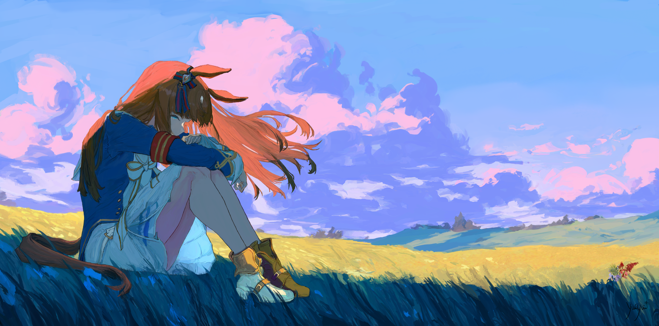 grass wonder (umamusume), umamusume, commentary request, highres, 1girl, animal ears, armband, asymmetrical footwear, blue eyes, blue jacket, blue sky, bow, brown hair, cloud, dress, ear bow, ear ornament, ear ribbon, field, flower, grass, horse ears, horse girl, horse tail, jacket, knees up, long hair, long sleeves, mismatched footwear, multicolored hair, outdoors, red armband, sailor collar, sky, solo, tail, white bow, white dress, white hair, white sailor collar, yuiyui (yuiyuiloveslys)