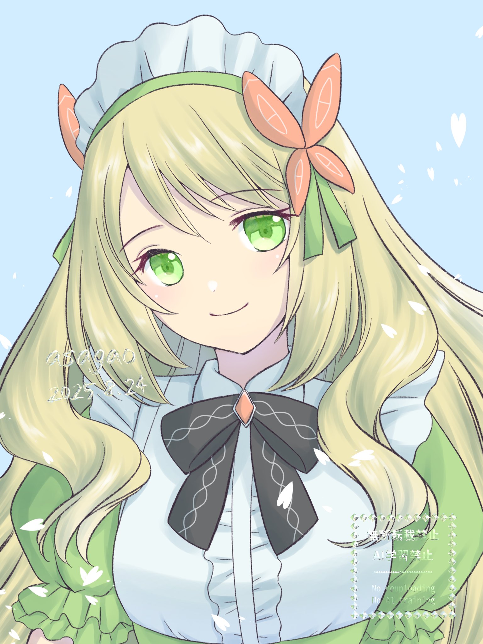 asagao l, celine (blissful tea party) (fire emblem), celine (fire emblem), fire emblem, fire emblem engage, fire emblem heroes, nintendo, highres, 1girl, artist name, black bow, black bowtie, blonde hair, blue background, bow, bowtie, butterfly hair ornament, closed mouth, dated, dress, green dress, green eyes, hair ornament, long hair, looking at viewer, maid headdress, official alternate costume, puffy short sleeves, puffy sleeves, short sleeves, smile, solo, upper body