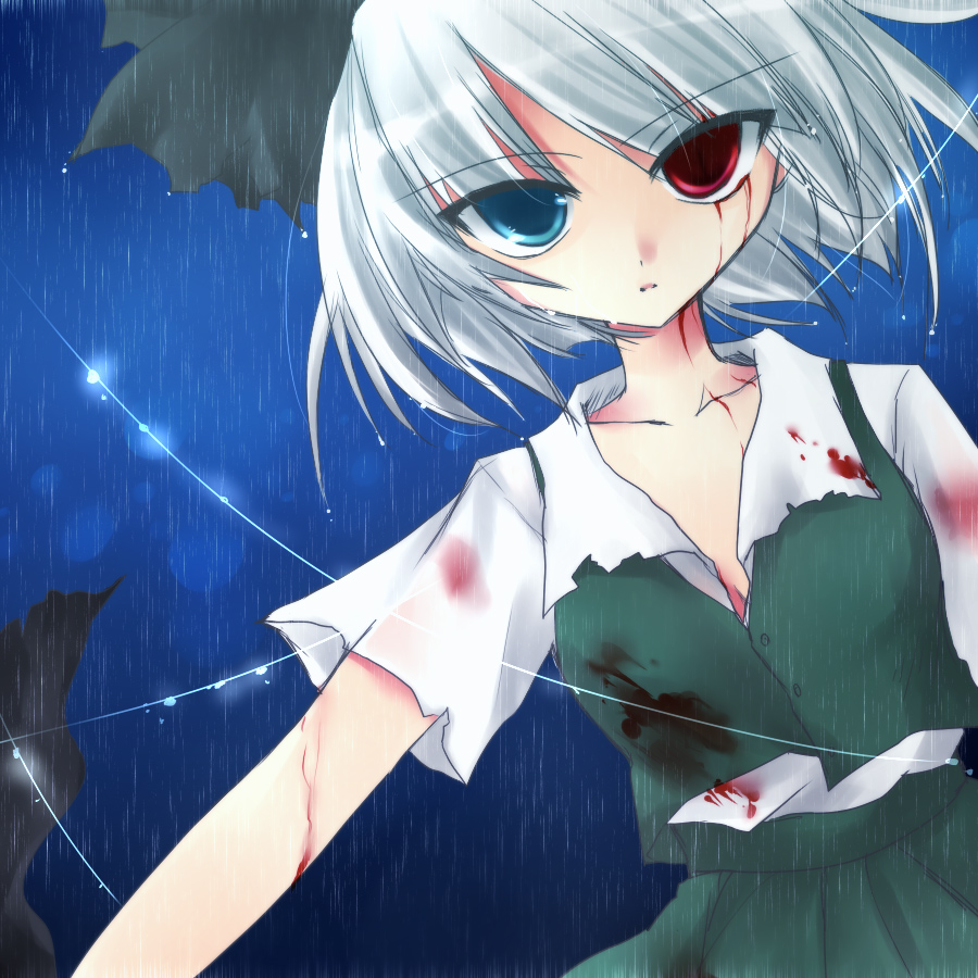 imari yuka, konpaku youmu, touhou, silver hair, 1girl, bleeding, blood, female focus, gradient background, heterochromia, injury, outdoors, rain, red eyes, ribbon, school uniform, serafuku, short hair, skirt, sky, solo