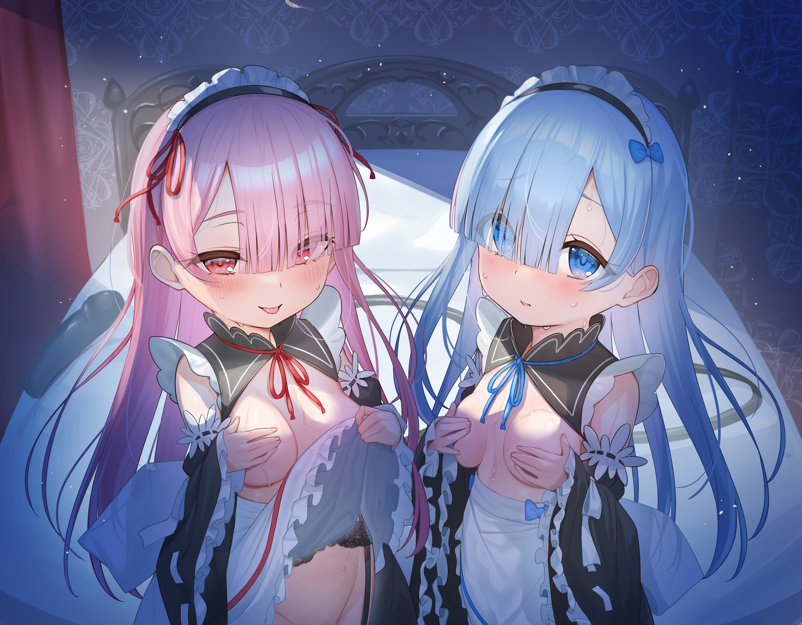 tsukiman, original, highres, 2girls, :p, alternate costume, alternate hair length, alternate hairstyle, apron, apron lift, bed, blue eyes, blue hair, blue ribbon, blunt bangs, blush, bow, breasts, closed mouth, clothes lift, covering breasts, covering privates, curtains, detached sleeves, dress, dress lift, eyes visible through hair, frills, garter belt, hair bow, hair down, hair over one eye, hair ribbon, indoors, lifting own clothes, long hair, long sleeves, looking at viewer, maid, maid apron, maid headdress, medium breasts, multiple girls, neck ribbon, on bed, parted lips, pink eyes, pink hair, red eyes, red ribbon, ribbon, roswaal mansion maid uniform, sex toy, siblings, sisters, small breasts, smile, sweat, tongue, tongue out, twins, white apron, wide sleeves