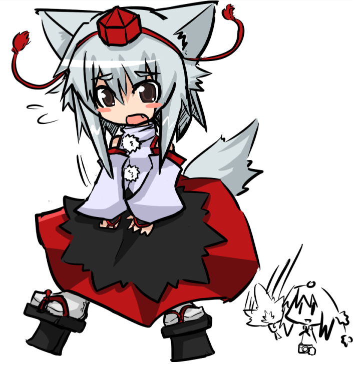 raito (itoraito), inubashiri momiji, shameimaru aya, touhou, 2girls, animal ears, black eyes, blush, camera, chibi, detached sleeves, fang, female focus, geta, hat, long skirt, multiple girls, short hair, skirt, tail, tengu-geta, white hair, wolf ears, wolf tail