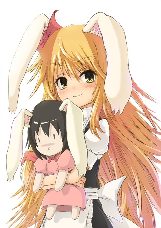mitsuki yuuya, inaba tewi, kirisame marisa, touhou, 1girl, animal ears, blonde hair, character doll, doll, female focus, long hair, rabbit ears, ribbon, solo, x mouth, yellow eyes