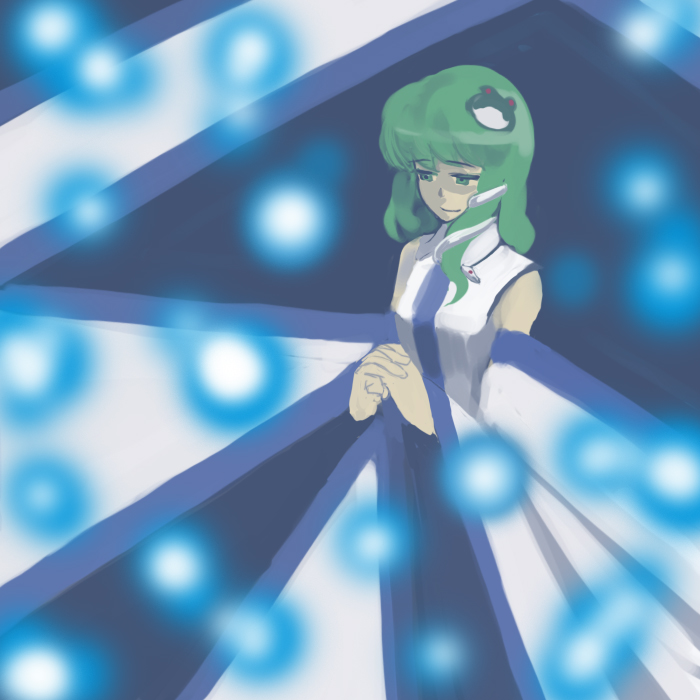kumadano, kochiya sanae, touhou, bad id, bad pixiv id, 1girl, female focus, frog, green eyes, green hair, japanese clothes, long hair, miko, snake, solo