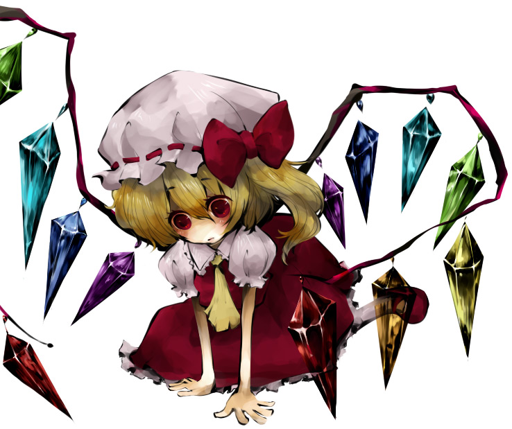 yonago, flandre scarlet, touhou, bad id, bad pixiv id, 1girl, blonde hair, female focus, full body, hat, kneeling, mob cap, ponytail, red eyes, ribbon, short hair, simple background, solo, white background, wings