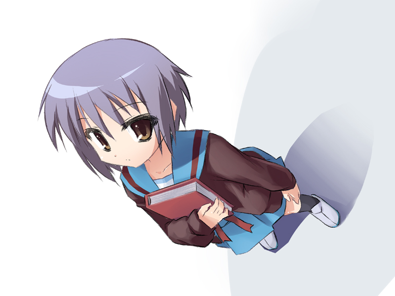 mof, redrantem, tomoshibi hidekazu, nagato yuki, suzumiya haruhi no yuuutsu, 00s, 1girl, book, brown eyes, cardigan, female focus, purple hair, school uniform, serafuku, short hair, solo