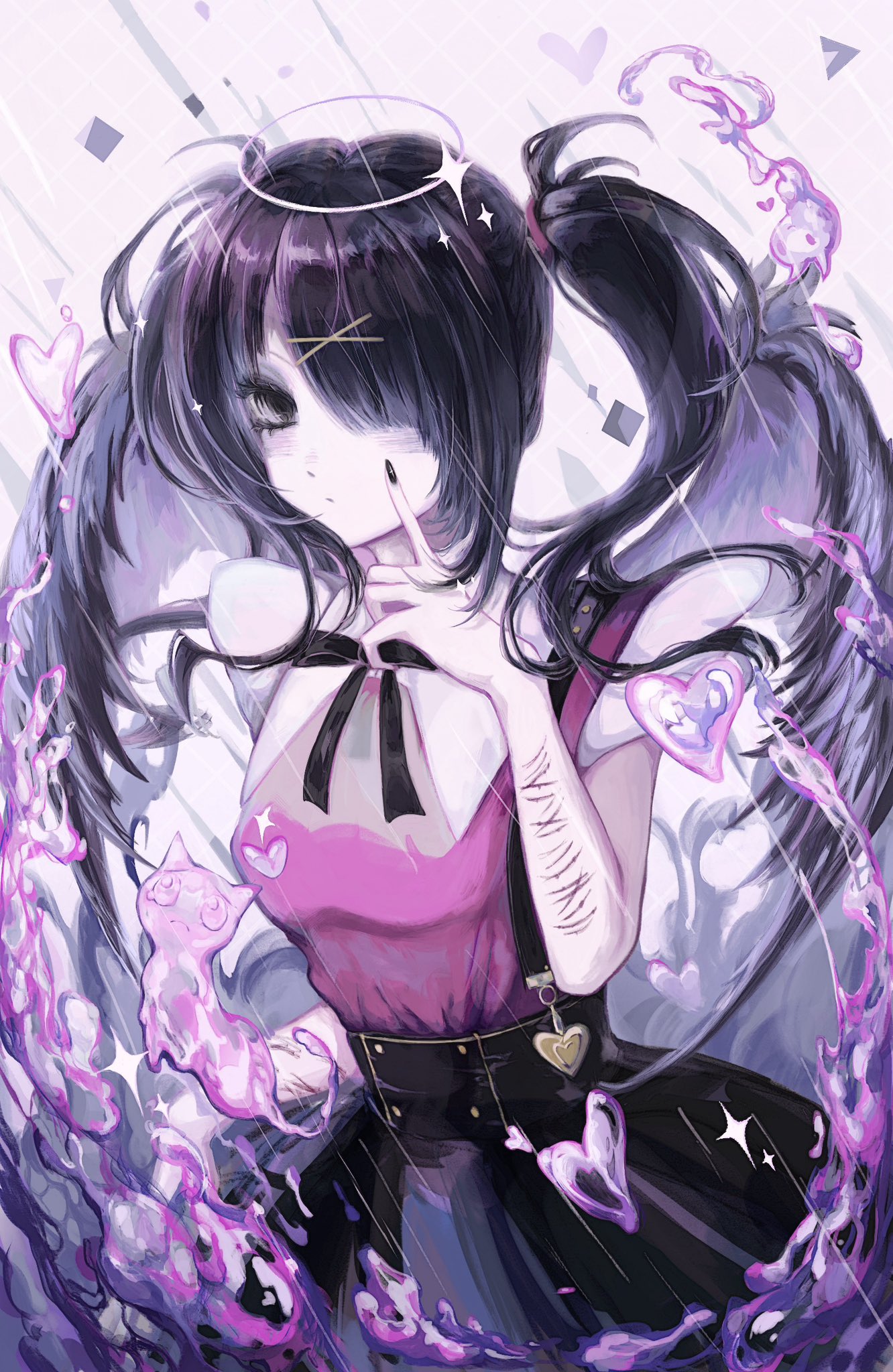 ame-chan (needy girl overdose), pien cat (needy girl overdose), needy girl overdose, highres, 1girl, black eyes, black hair, blunt bangs, expressionless, hair ornament, hair over one eye, halo, hand on own face, looking at viewer, neck ribbon, rain, red shirt, ribbon, ricinxxx, scar, scar on arm, self-harm scar, shirt, short twintails, sidelocks, skirt, solo, sparkle, suspender skirt, suspenders, twintails, upper body, wrist cutting, x hair ornament