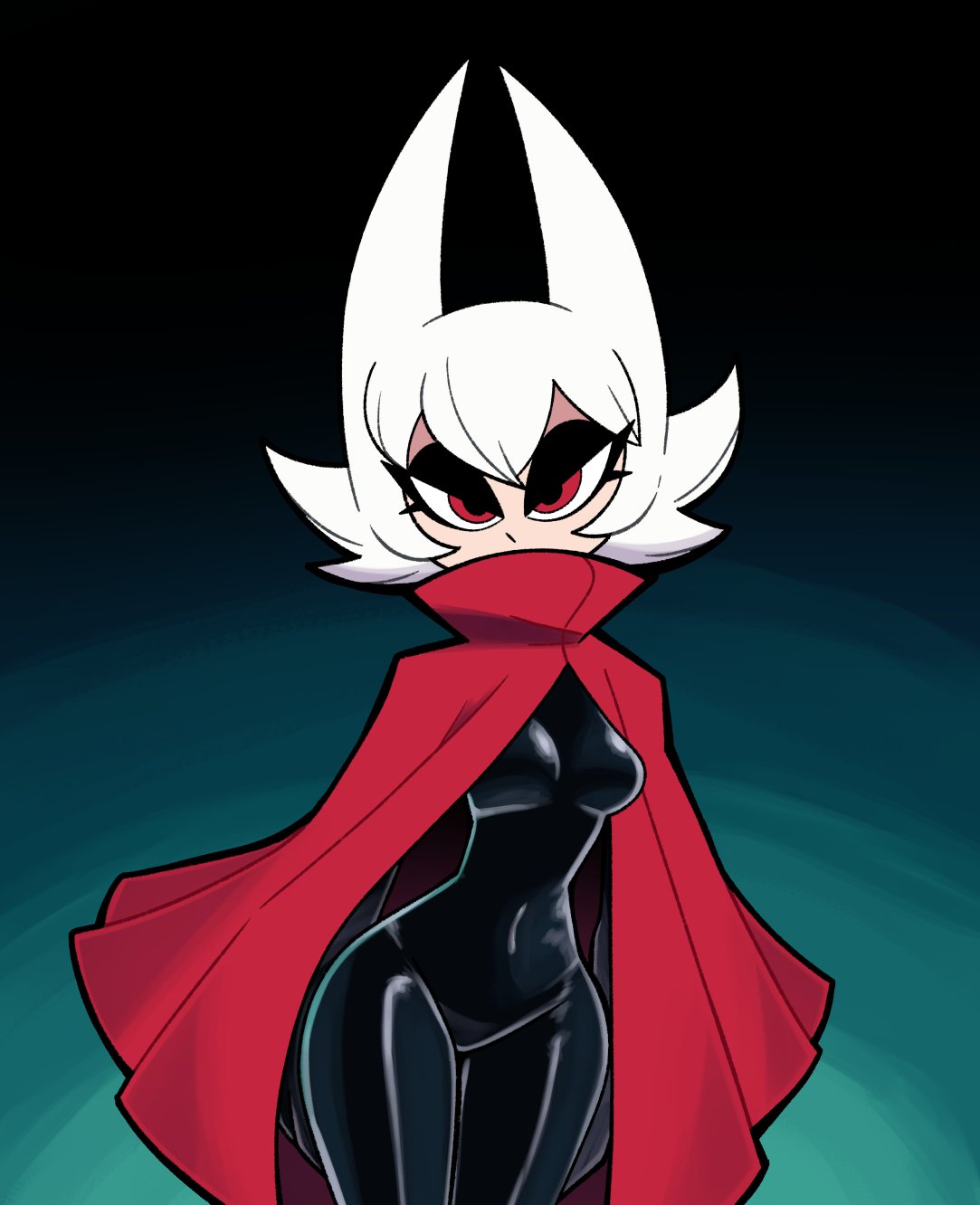 scott falco, hornet (hollow knight), hollow knight, hollow knight: silksong, highres, black bodysuit, bodysuit, breasts, cloak, humanization, medium breasts, pointy hair, red cloak, red eyes, white hair
