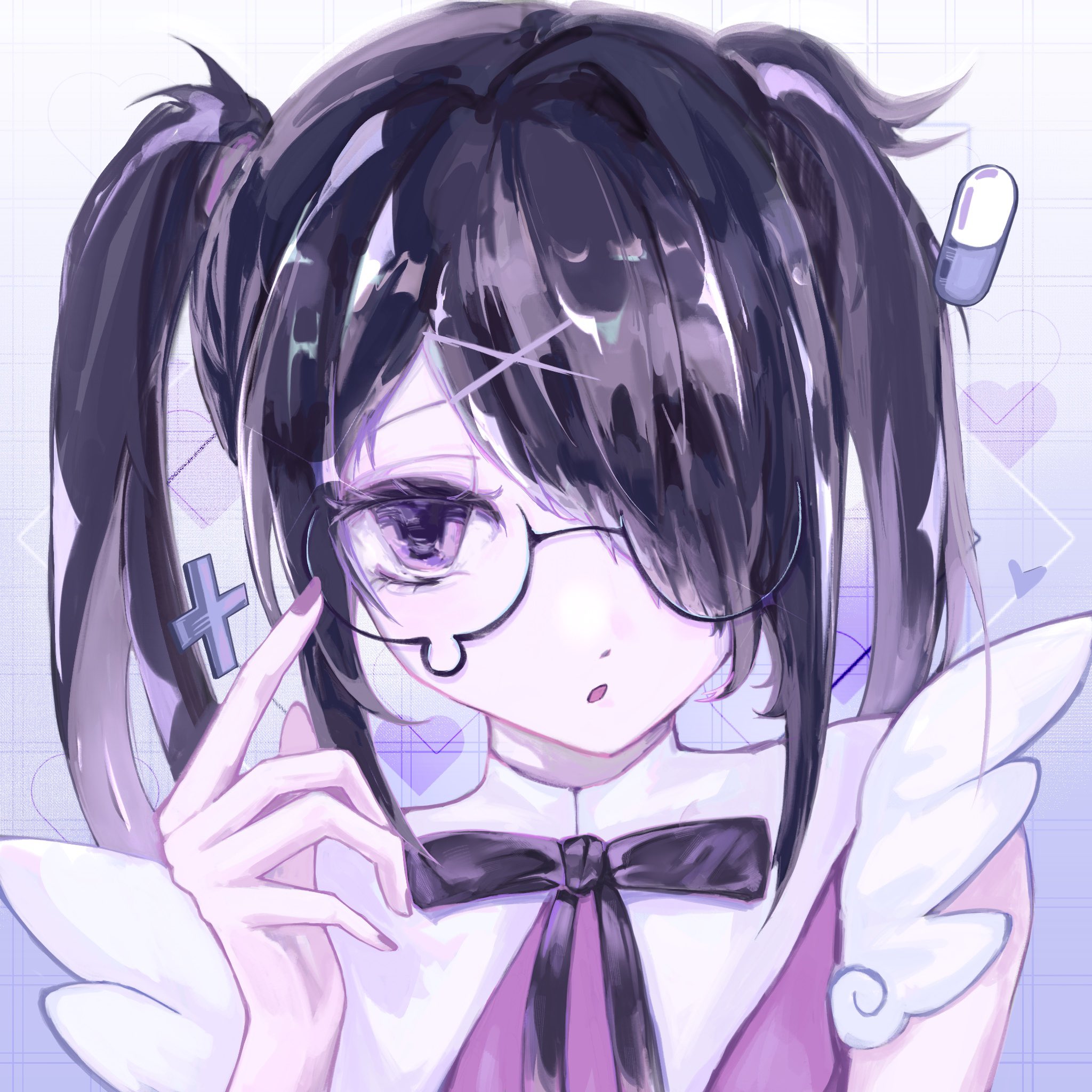 ame-chan (needy girl overdose), needy girl overdose, highres, 1girl, adjusting eyewear, black eyes, black hair, diagonal bangs, glasses, hair over one eye, hand up, looking at viewer, neck ribbon, pill, plus sign, portrait, red shirt, ribbon, ricinxxx, shirt, short twintails, sidelocks, solo, twintails, winged sleeves