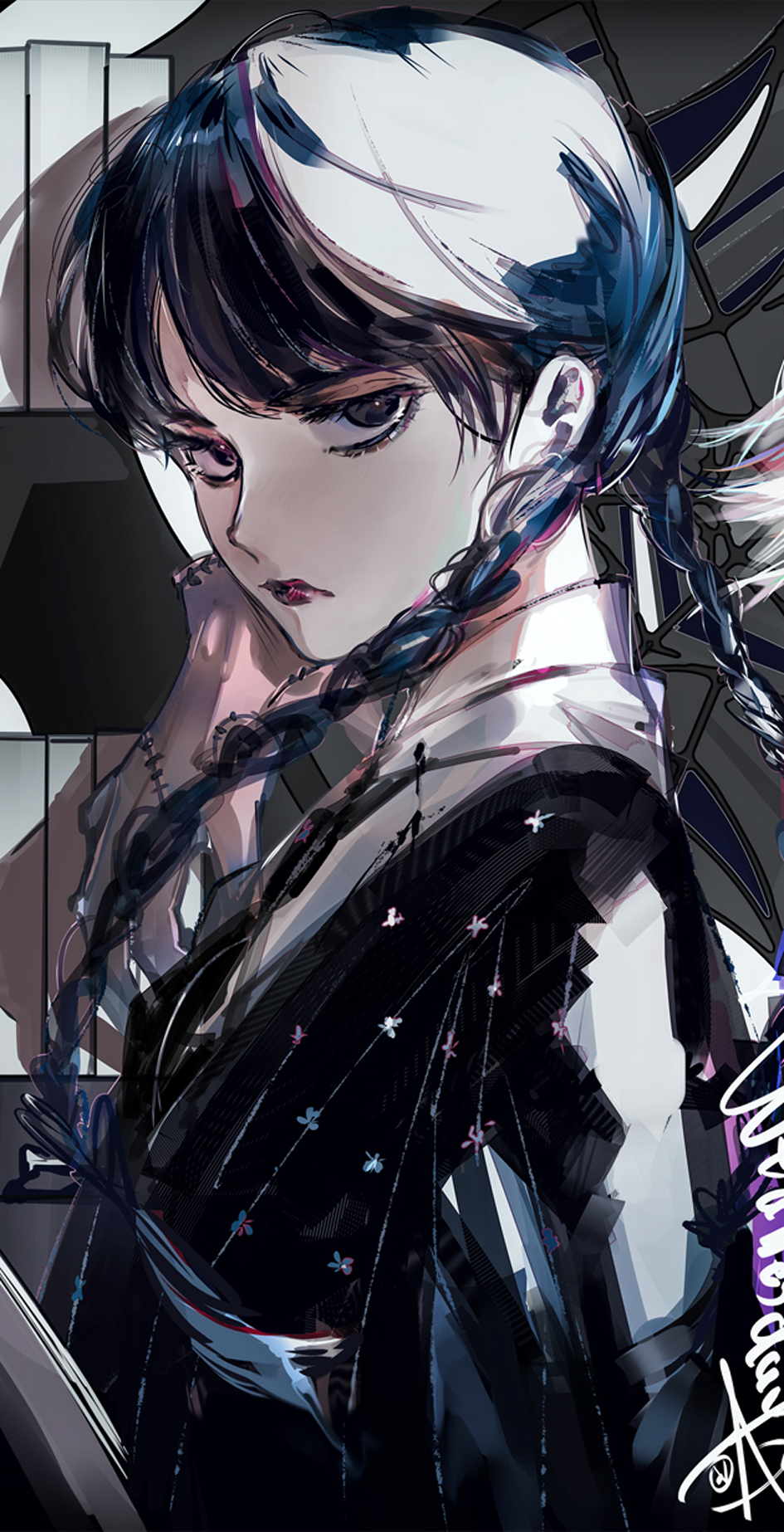 suou (sdurorhr), thing (addams family), wednesday addams, addams family, wednesday (netflix), highres, 1girl, black eyeliner, black eyes, black hair, braid, collared shirt, dress, eyeliner, lipstick, long sleeves, looking at viewer, makeup, red lips, shirt, signature, solo, striped clothes, twin braids, white hair