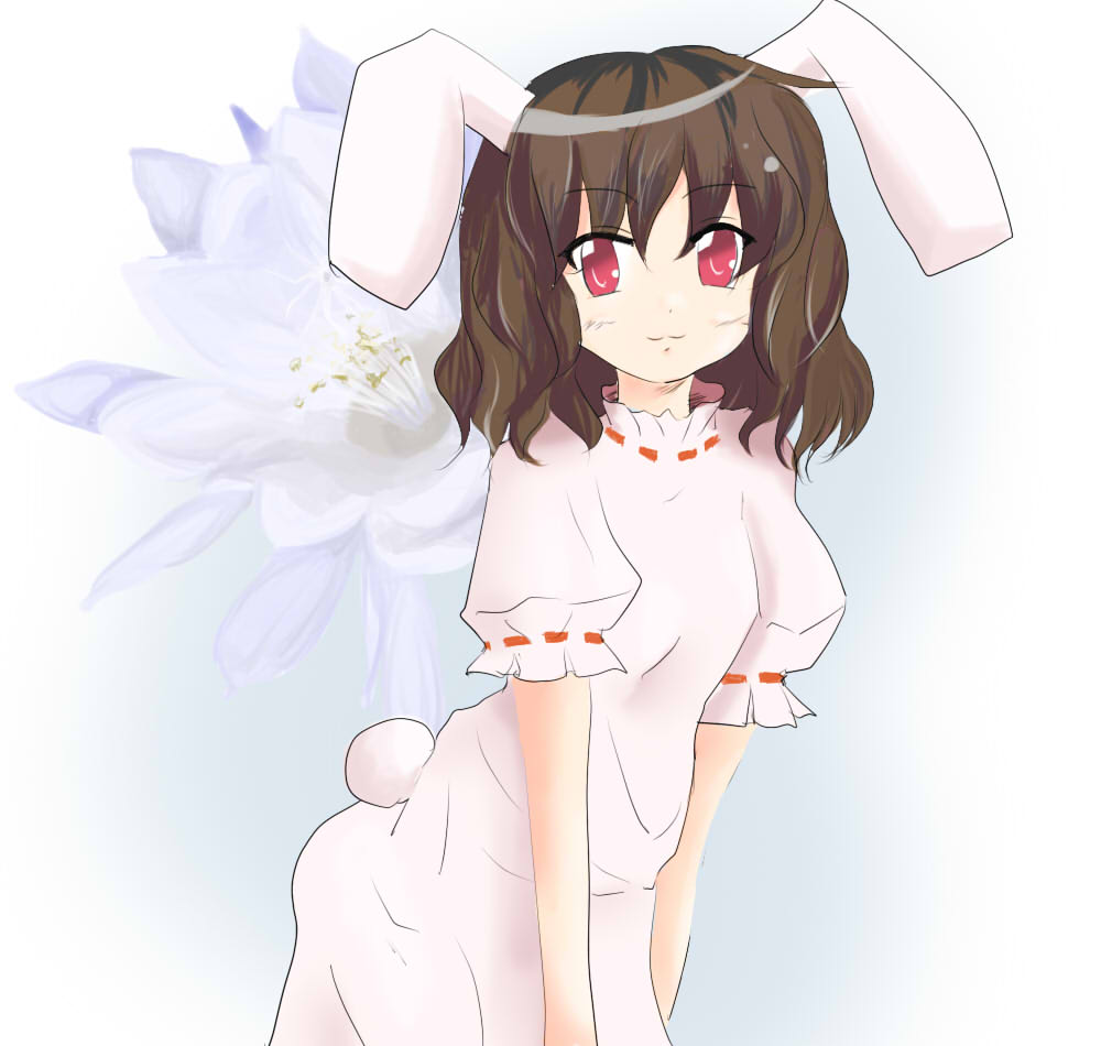 mito (mitochondria), inaba tewi, touhou, bad id, bad pixiv id, 1girl, :3, animal ears, black hair, female focus, flower, gradient background, plant, rabbit ears, rabbit girl, rabbit tail, red eyes, short hair, simple background, solo, standing, tail