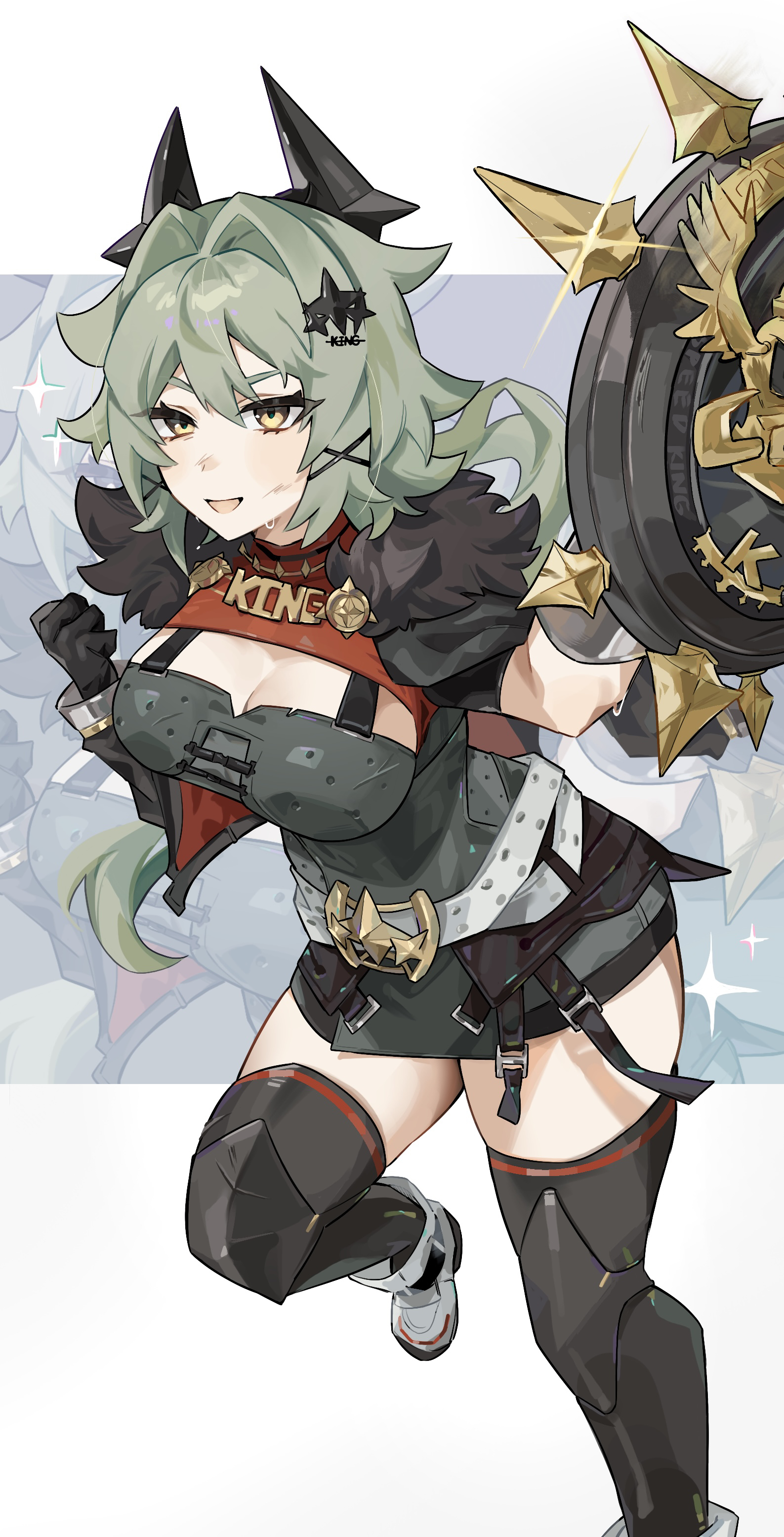 umiinu (umi inu11), caesar king (zenless zone zero), zenless zone zero, absurdres, commentary request, highres, 1girl, armor, belt, blush, breastplate, breasts, cleavage, foot out of frame, fur-trimmed jacket, fur trim, green hair, hair ornament, hairpin, holding, holding shield, jacket, jewelry, large breasts, looking at viewer, necklace, open mouth, prosthesis, prosthetic arm, shield, shoes, smile, solo, sparkle, white background, white shoes, yellow eyes
