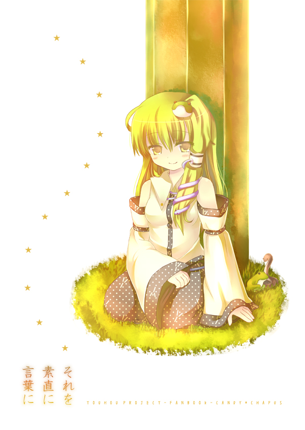 23, 23 (candy chapus), kochiya sanae, touhou, 1girl, detached sleeves, female focus, frog, green hair, japanese clothes, long hair, miko, snake, solo