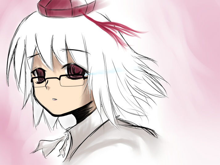 kaminari mai, shameimaru aya, touhou, 1girl, bespectacled, expressionless, female focus, glasses, hat, looking afar, looking at viewer, red eyes, short hair, solo, tokin hat, white hair