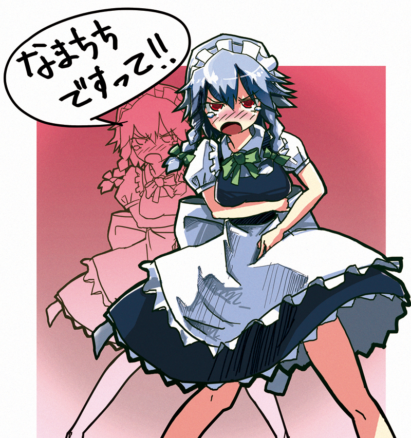 tmg, izayoi sakuya, touhou, bad id, bad pixiv id, translated, 1girl, apron, blush, braid, breasts, dress, female focus, gradient background, maid, maid apron, partially colored, ribbon, short hair, solo, tears, twin braids, twintails, white background