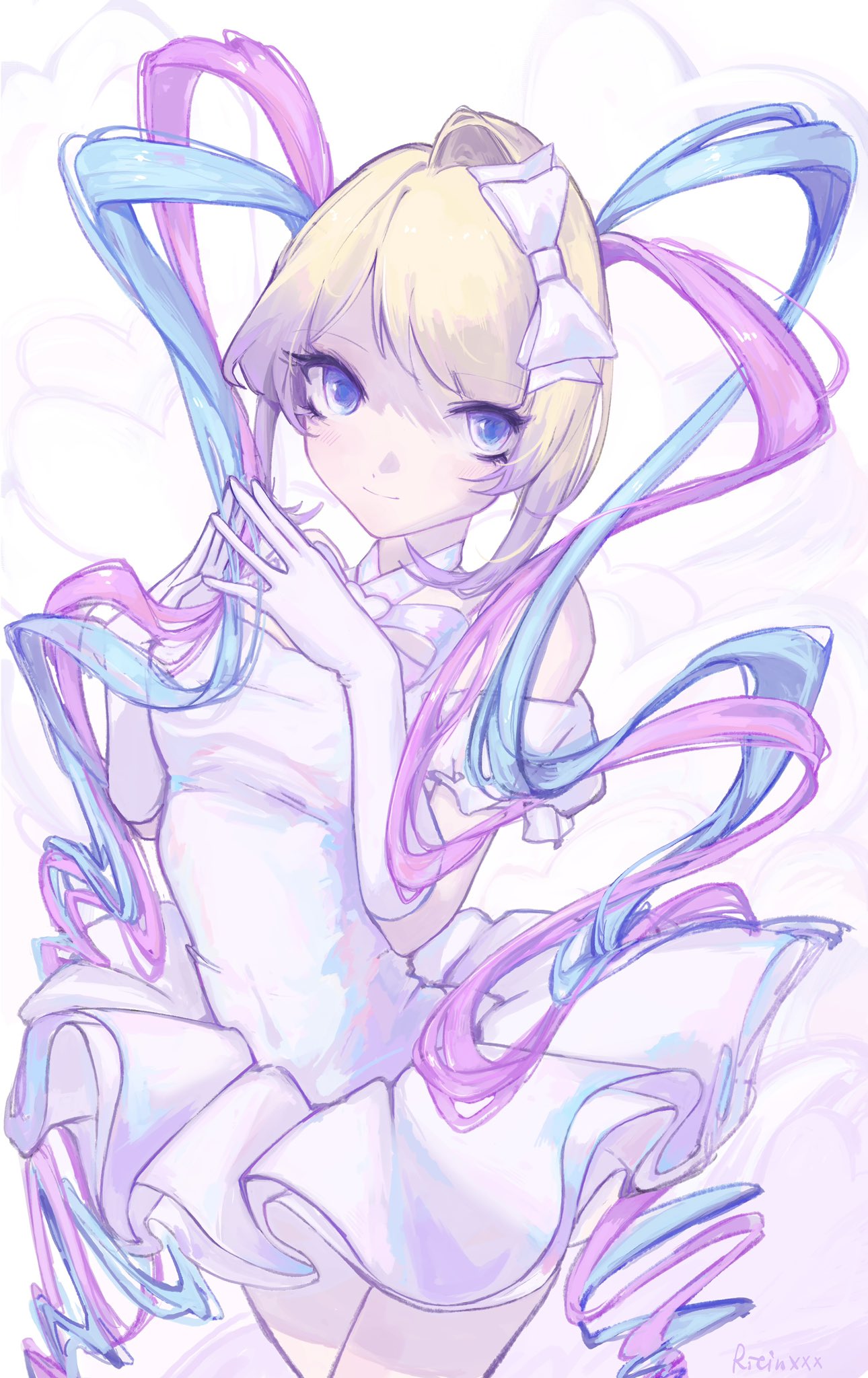 chouzetsusaikawa tenshi-chan, needy girl overdose, highres, textless version, 1girl, arm garter, blonde hair, blue eyes, blue hair, bow, breasts, colored tips, cowboy shot, crossed legs, dress, elbow gloves, gloves, hair bow, halterneck, head tilt, looking at viewer, multicolored hair, pink hair, quad tails, ricinxxx, sidelocks, smile, solo, steepled fingers, tight clothes, white dress, white gloves