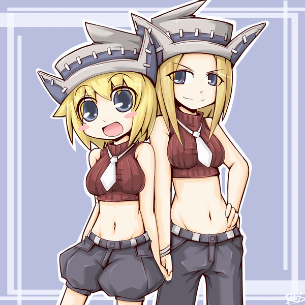 reku, rex (artist), elizabeth thompson, patricia thompson, soul eater, bad id, bad pixiv id, 00s, bare shoulders, blonde hair, blue eyes, hat, holding hands, midriff, necktie, shorts, siblings, sisters, sleeveless, sleeveless turtleneck, turtleneck