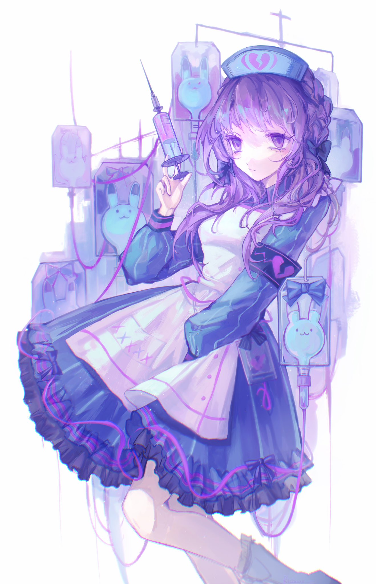 asahina mafuyu, project sekai, highres, 1girl, animal print, apron, arm up, armband, blue dress, bow, braid, broken heart print, dress, expressionless, feet out of frame, hair bow, hair over shoulder, hand on lap, hat, holding, holding syringe, intravenous drip, looking at viewer, multiple hair bows, nurse cap, pastel colors, purple hair, rabbit print, ricinxxx, socks, solo, standing, standing on one leg, syringe, white apron, white socks