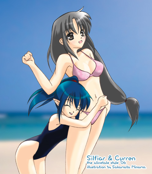sakamata minamo, 2girls, beach, bikini, black hair, blue hair, day, hug, long hair, multiple girls, one-piece swimsuit, outdoors, pointy ears, ponytail, swimsuit