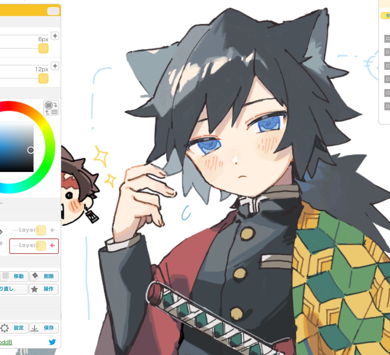 kamado tanjirou, tomioka giyuu, kimetsu no yaiba, highres, 2boys, animal ears, art program in frame, black hair, black jacket, blue eyes, buttons, cat boy, cat ears, demon slayer uniform, gold buttons, hand up, haori, high collar, jacket, japanese clothes, katana, kikkoumon, looking at viewer, low ponytail, male focus, multiple boys, pmpmmochi, ponytail, print haori, red haori, solo, spiked hair, sword, upper body, weapon, white background