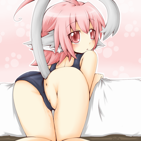 reku, rex (artist), original, bad id, bad pixiv id, 1girl, ahoge, animal ears, anus, ass, bed, bent over, blush, cat ears, cleft of venus, clothing aside, female focus, flat ass, looking back, one-piece swimsuit, paw print, pink eyes, pink hair, pussy, pussy juice, school swimsuit, short hair, solo, swimsuit, swimsuit aside, tail, uncensored