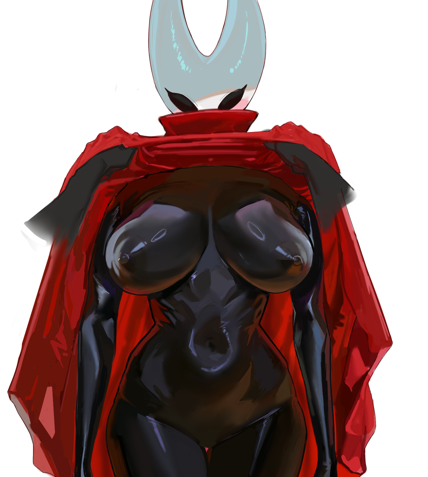 hintobento, hornet (hollow knight), hollow knight, hollow knight: silksong, commentary, highres, 1girl, black bodysuit, black skin, bodysuit, cameltoe, cloak, cloak lift, colored skin, covered erect nipples, hollow eyes, horned mask, lifting own clothes, mask, red cloak, simple background, skin tight, solo, white background, white mask