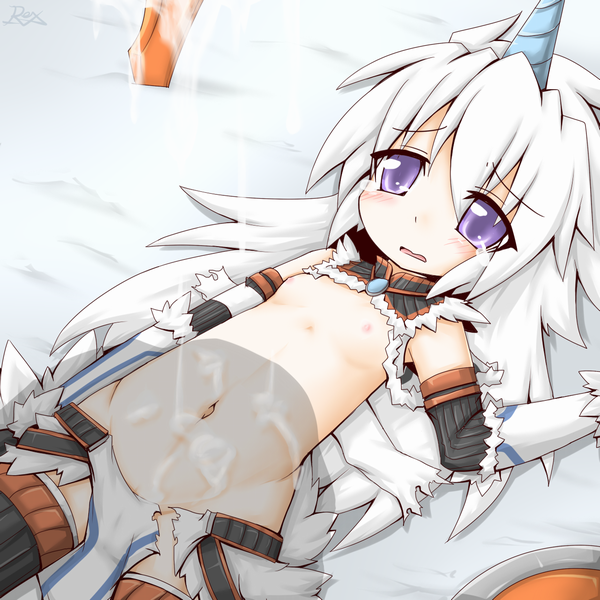 reku, rex (artist), monster hunter (character), capcom, monster hunter (series), bad id, bad pixiv id, 1girl, elbow gloves, female focus, flat chest, gloves, horns, imminent rape, kirin (armor), loli, long hair, lying, nipples, purple eyes, saliva, single horn, solo, tears, torn clothes, white hair, you gonna get raped