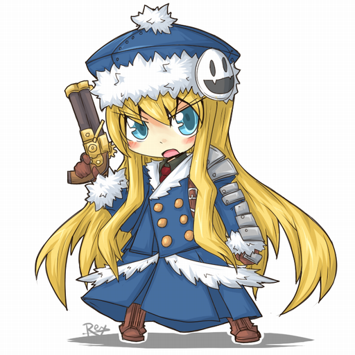 reku, rex (artist), gunner (sekaiju), gunner 2 (sekaiju), jack frost (megami tensei), atlus, etrian odyssey, bad id, bad pixiv id, 1girl, blonde hair, chibi, female focus, gun, hat, long hair, solo, weapon