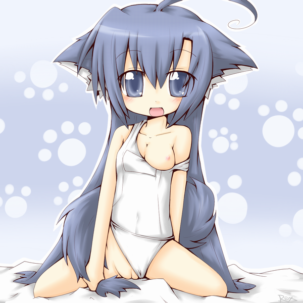 reku, rex (artist), original, bad id, bad pixiv id, 1girl, animal ears, blue eyes, blue hair, breast slip, breasts, cleft of venus, clothing aside, female focus, kneeling, long hair, matching hair/eyes, nipples, one-piece swimsuit, pussy, school swimsuit, small breasts, solo, swimsuit, swimsuit aside, tail, white one-piece swimsuit, white school swimsuit
