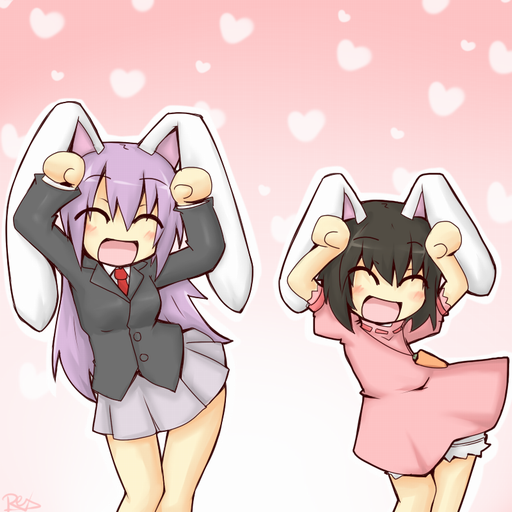 reku, rex (artist), inaba tewi, reisen udongein inaba, touhou, bad id, bad pixiv id, 2girls, :d, ^ ^, animal ears, bare legs, black hair, blush, caramelldansen, closed eyes, dancing, female focus, happy, heart, jewelry, long hair, multiple girls, necklace, necktie, open mouth, pleated skirt, purple hair, rabbit ears, red necktie, short hair, skirt, smile