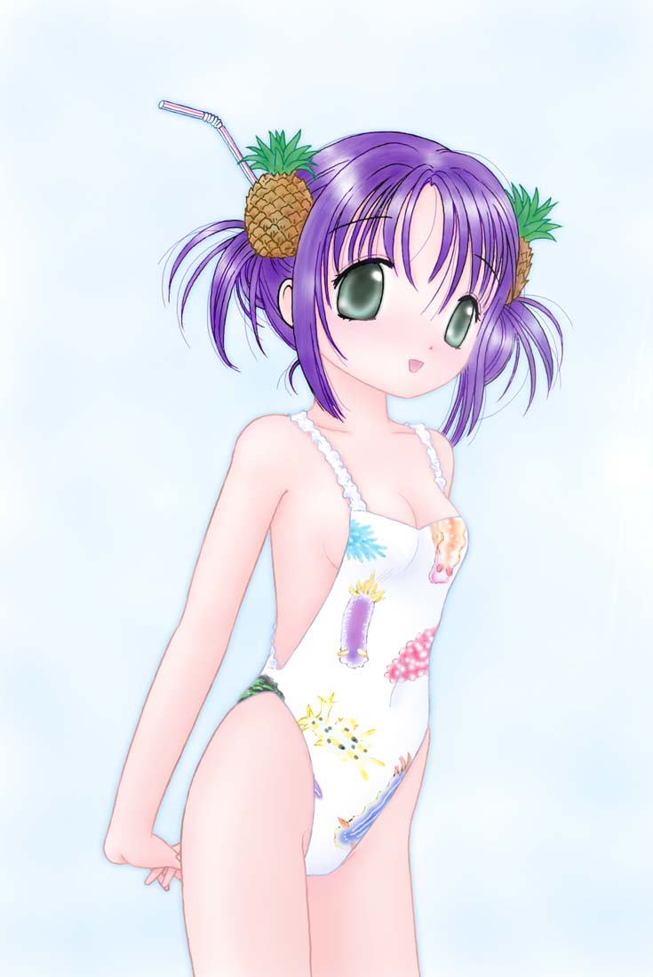 original, 1girl, arms behind back, black eyes, breasts, casual one-piece swimsuit, cleavage, cowboy shot, drinking straw, female focus, food, food-themed hair ornament, fruit, hair ornament, interlocked fingers, one-piece swimsuit, own hands clasped, own hands together, pineapple, print swimsuit, purple hair, short hair, small breasts, smile, solo, swimsuit