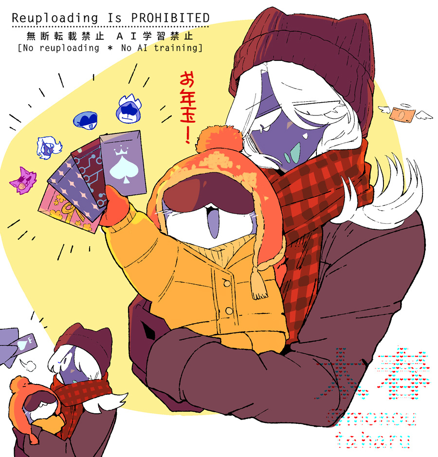 taharu (papiyas), king (deltarune), lancer (deltarune), queen (deltarune), rouxls kaard, seam (deltarune), deltarune, utdr (toby fox), commentary request, 3boys, :3, :d, alternate costume, animal hat, beanie, black eyes, blue skin, blue tongue, blush, border, brown jacket, buttons, card, carrying, carrying person, cat hat, colored skin, colored tongue, cropped torso, eyes visible through hair, flipped hair, gloves, hair over one eye, hat, holding, holding card, jacket, long sleeves, looking at another, lower eyelashes only, male focus, medium hair, multiple boys, multiple views, open mouth, orange gloves, orange hat, orange jacket, outside border, plaid clothes, plaid scarf, pom pom (clothes), raised inner eyebrows, red gloves, red hat, red scarf, ribbed sweater, scarf, simple background, smile, spade (shape), sweater, turtleneck, turtleneck sweater, twitter username, watermark, white border, white hair, yellow background, yellow sweater