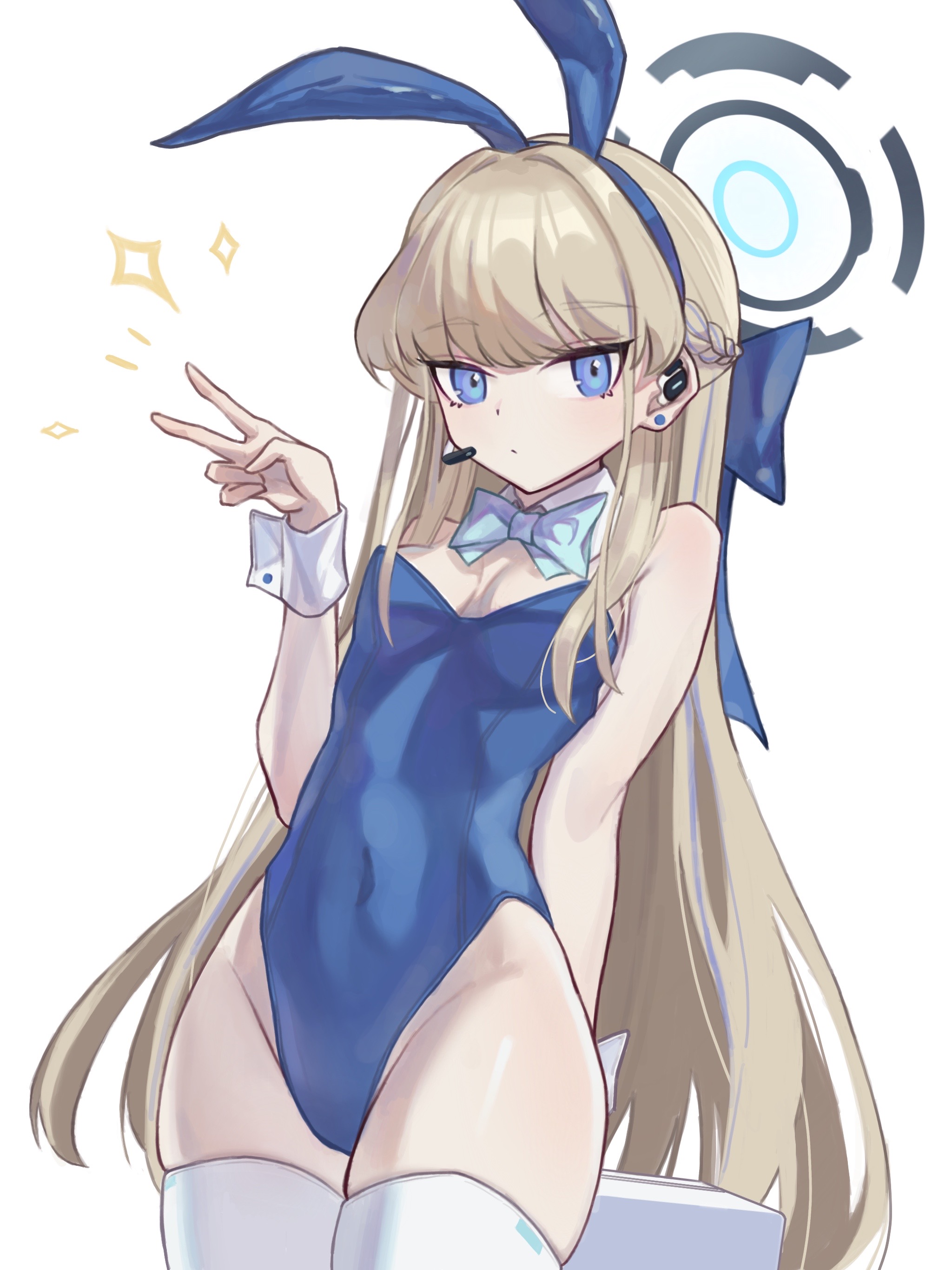 eriri2000420, toki (blue archive), toki (bunny) (blue archive), blue archive, absurdres, commentary, highres, 1girl, animal ears, aqua bow, aqua bowtie, blonde hair, blue eyes, blue leotard, bow, bowtie, detached collar, earrings, fake animal ears, jewelry, leotard, long hair, official alternate costume, playboy bunny, solo, strapless, strapless leotard, stud earrings, v, white wrist cuffs, wrist cuffs