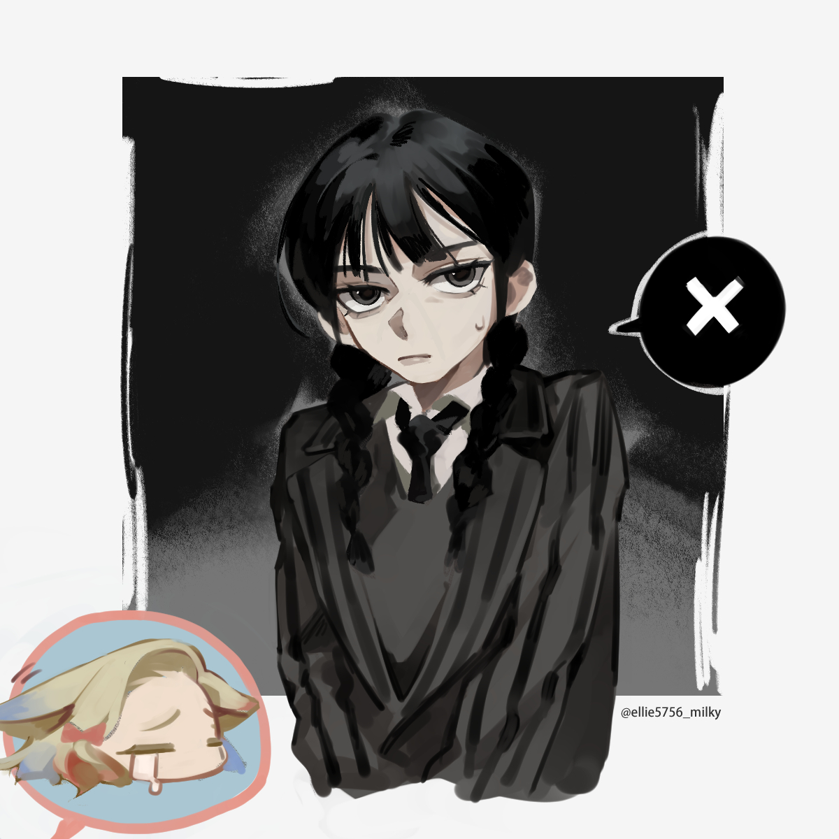 ellie niunai zhuyi zhe, enid sinclair, wednesday addams, addams family, wednesday (netflix), highres, 2girls, animal ears, black eyes, black hair, black necktie, blazer, blonde hair, bow, braid, collared shirt, crying, frustrated, hair bow, jacket, looking at viewer, multicolored hair, multiple girls, necktie, shirt, streaked hair, striped clothes, twin braids, twitter username, white shirt, wolf ears, x (symbol)