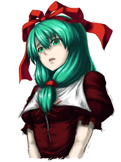 katagi ren, kagiyama hina, touhou, 1girl, female focus, front ponytail, green eyes, green hair, hair ribbon, ribbon, solo, tears, upper body, white background