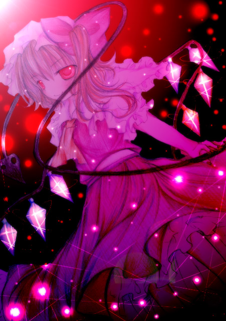 kasuga sunao, flandre scarlet, touhou, 1girl, blonde hair, cowboy shot, crystal, demon wings, dutch angle, female focus, pink theme, puffy short sleeves, puffy sleeves, red eyes, red skirt, red vest, short hair, short sleeves, skirt, solo, string, vampire, vest, wings
