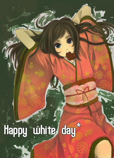 mame usagi, tagme, blue eyes, brown hair, japanese clothes, mouth hold, solo