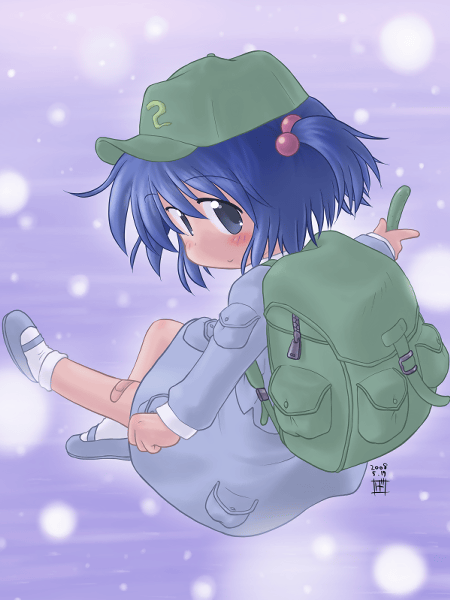 geshopu, kawashiro nitori, touhou, 1girl, backpack, bag, bandaid, bandaid on knee, bandaid on leg, blue eyes, blue hair, blue shoes, cucumber, female focus, from behind, full body, hair bobbles, hair ornament, hat, long sleeves, looking at viewer, looking back, mary janes, matching hair/eyes, randoseru, shoes, snowing, socks, solo, two side up, white socks