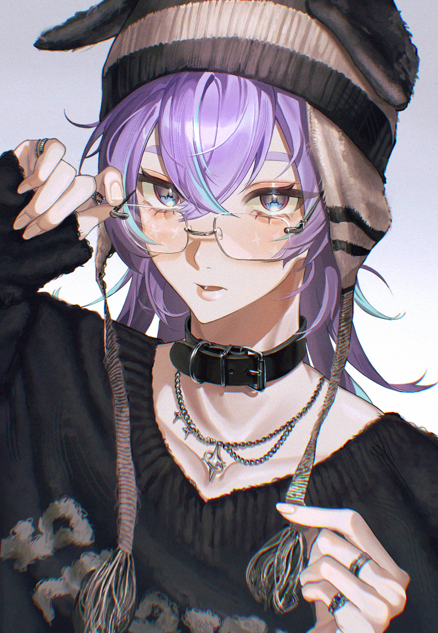 usari 05011, hoshirube sho, nijisanji, highres, 1boy, aegyo sal, alternate costume, beanie, belt collar, black-framed eyewear, black sweater, chromatic aberration, collar, collarbone, crossed bangs, earflap beanie, glasses, hair between eyes, hat, jewelry, long hair, looking at viewer, male focus, multicolored hair, necklace, purple hair, ring, sleeves past wrists, solo, streaked hair, sweater, upper body, virtual youtuber