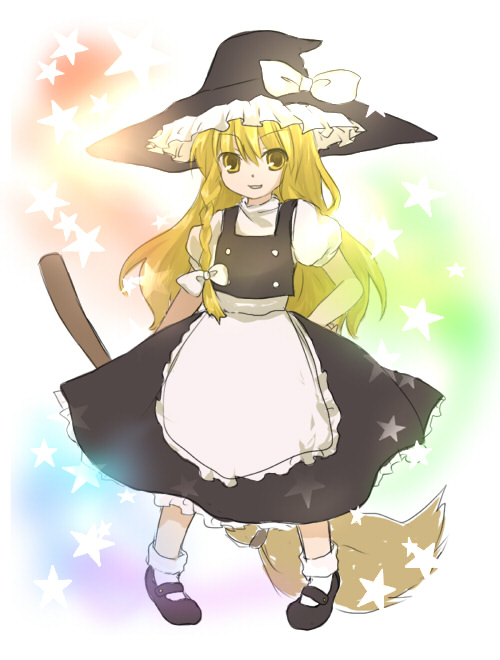 sakaki chihiro, kirisame marisa, touhou, 1girl, black shoes, blonde hair, braid, broom, female focus, full body, gradient background, hat, shoes, solo, star (symbol), white background, witch, witch hat