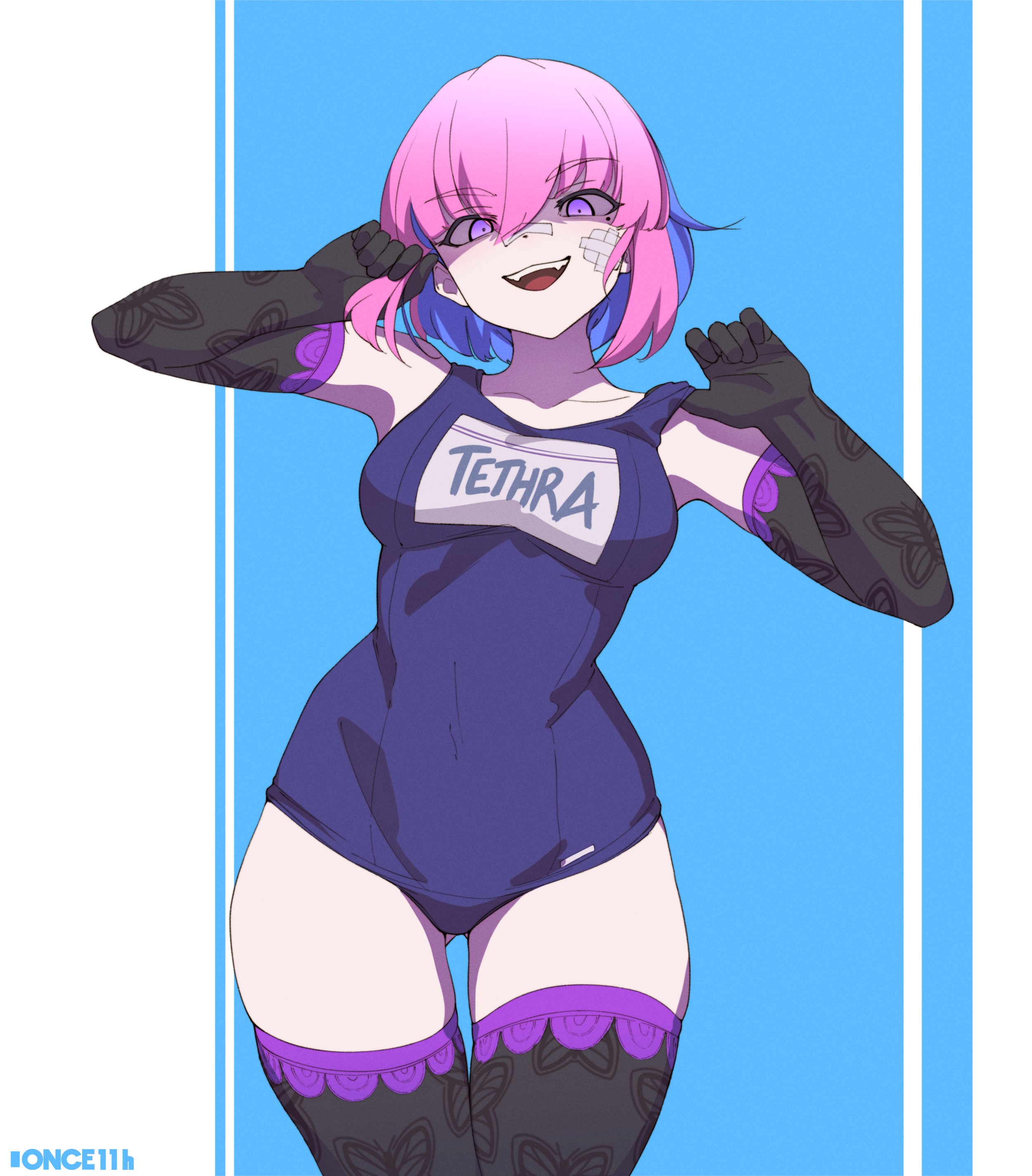 once 11h, original, absurdres, commentary, commission, english commentary, highres, 1girl, bandaid, bandaid on face, black gloves, black thighhighs, blue hair, blue one-piece swimsuit, breasts, contrapposto, cowboy shot, elbow gloves, gloves, gluteal fold, holding, holding own hair, medium breasts, medium hair, multicolored hair, name tag, one-piece swimsuit, open mouth, pear-shaped figure, pink hair, purple eyes, school swimsuit, shaded face, smile, solo, swimsuit, thigh gap, thighhighs, twitter username, two-tone hair, wide hips