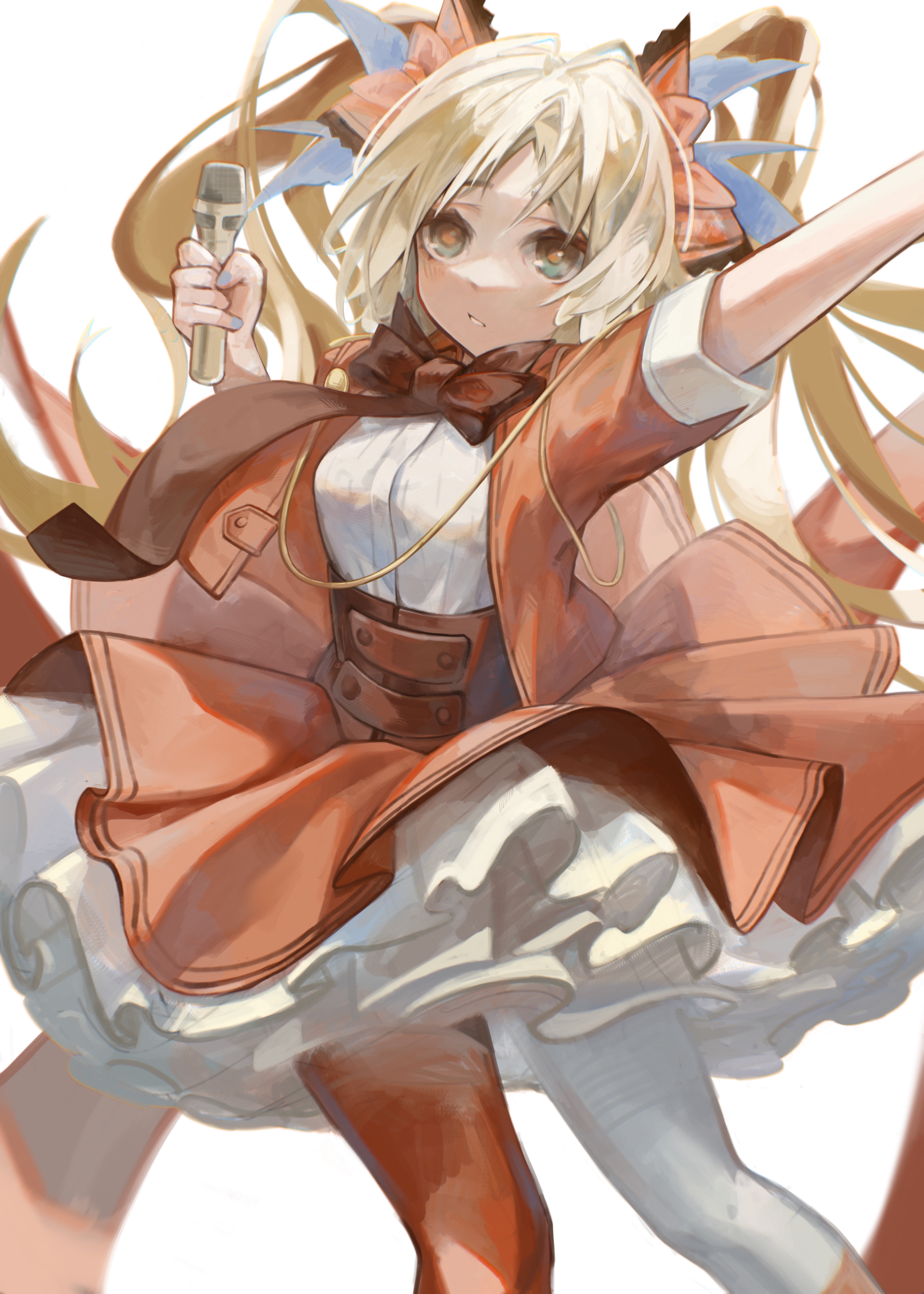 eriri2000420, pinecone (arknights), arknights, absurdres, commentary, highres, 1girl, blue nails, bow, hair bow, holding, holding microphone, long hair, microphone, solo, white background