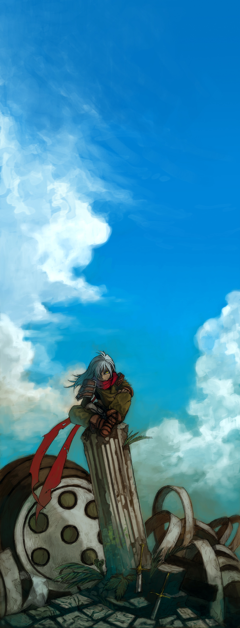 lack, owl (ground march), ground march, silver hair, absurdres, highres, long image, tall image, 1boy, cloud, day, landscape, male focus, outdoors, ruins, scenery, sky, solo, sword, weapon, yellow eyes