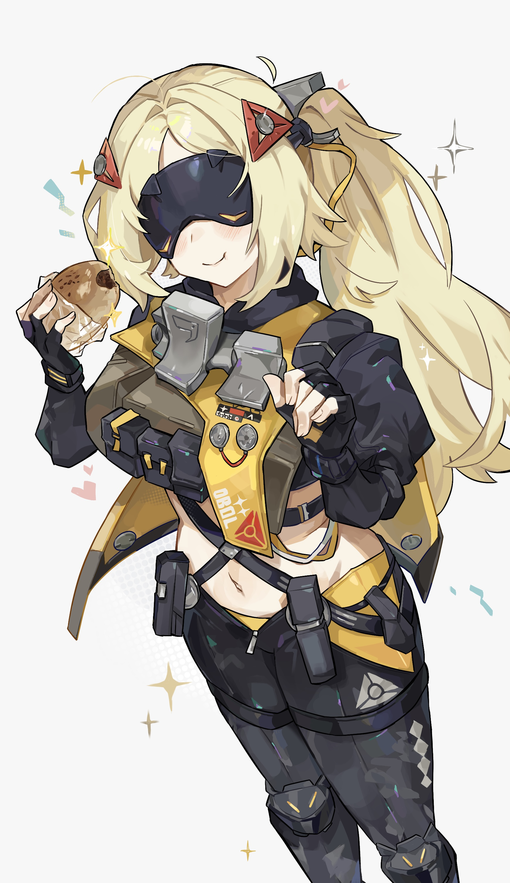 umiinu (umi inu11), trigger (zenless zone zero), zenless zone zero, absurdres, commentary request, highres, 1girl, black gloves, black pants, blonde hair, camouflage, camouflage pants, closed mouth, covered eyes, eye mask, feet out of frame, fingerless gloves, food, gloves, glowing mask, hair ornament, heart, holding, holding food, latex pants, long hair, navel, pants, ponytail, smile, solo, standing, star (symbol), tight clothes