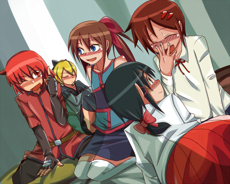 asha (silent desire), fia (hanakanmuri), iyo na, kunikai sakuri, soara (kaitou shoujo), demonophobia, hanakanmuri, ichi nichimiko, kaitou shoujo, silent desire, 5girls, black hair, blonde hair, blue eyes, blush, bow, brown hair, closed eyes, crossover, fingerless gloves, gloves, hair ornament, hairclip, multiple crossover, multiple girls, one eye closed, ponytail, red eyes, red hair, ribbon, school uniform, serafuku, skirt, smile, thighhighs, wink, zettai ryouiki