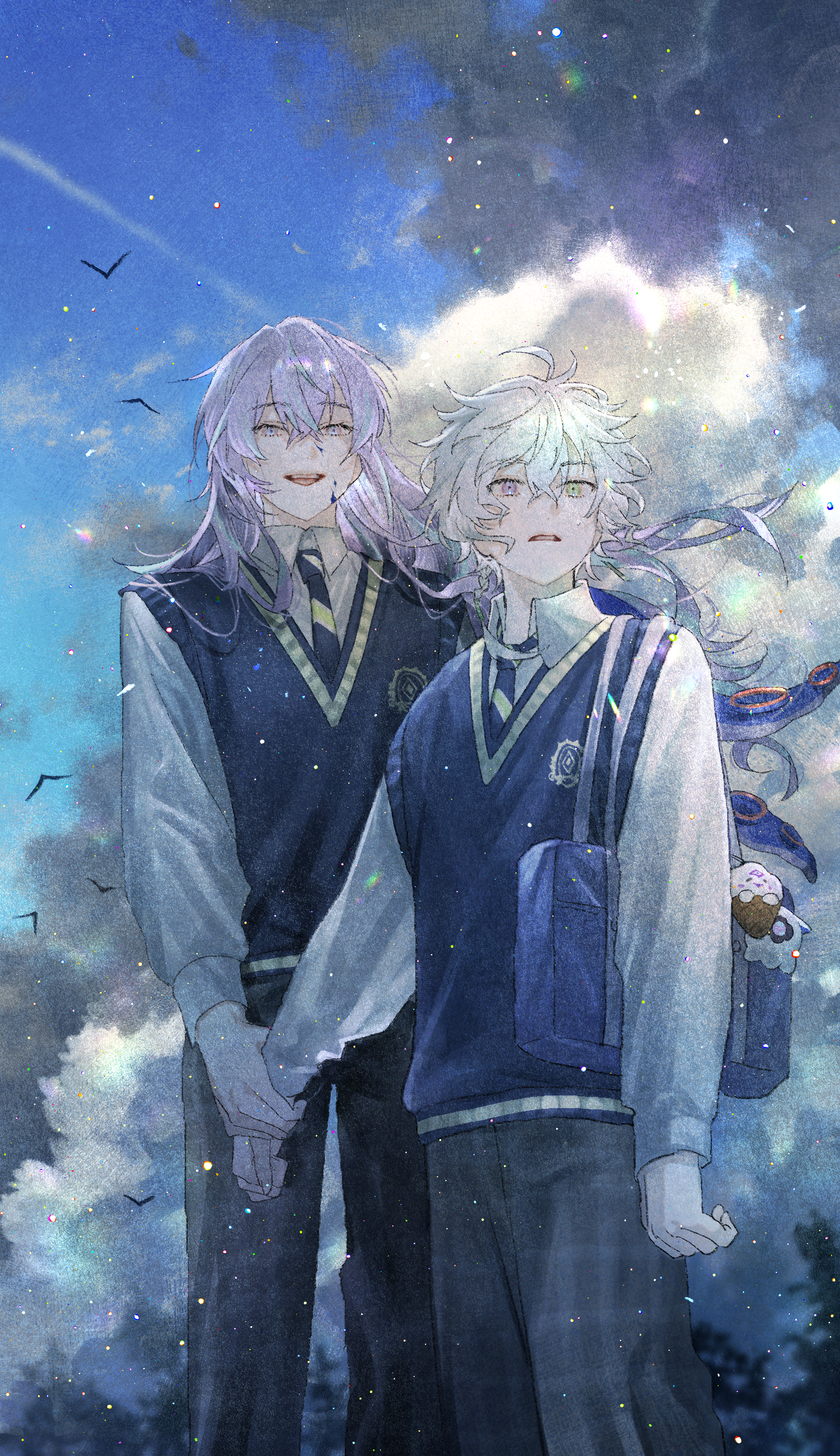 maruko inari, hoshirube sho, murakumo kagetsu, nijisanji, absurdres, highres, 2boys, alternate costume, bag, black pants, blue sky, blue sweater vest, cloud, green eyes, hair between eyes, heterochromia, holding another's wrist, long hair, long sleeves, male focus, multicolored hair, multiple boys, necktie, pants, purple eyes, purple hair, school bag, school uniform, shirt, short hair, shoulder bag, simple bird, sky, streaked hair, sweater vest, virtual youtuber, white hair, white shirt
