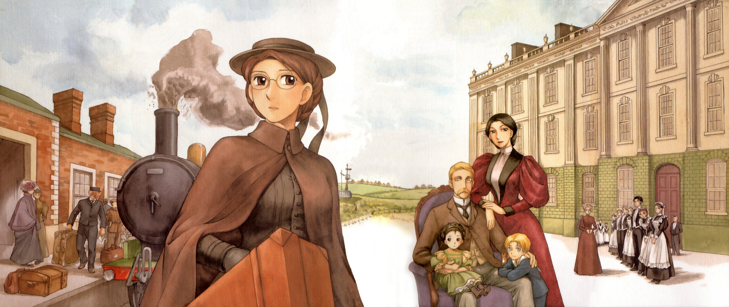 mori kaoru, adele (emma), dorothea molders, emma, emma (victorian romance emma), erich molders, hans (emma), ilse molders, mrs beek, wilhelm molders, victorian romance emma, highres, official art, traditional media, 00s, 6+boys, 6+girls, apron, brown eyes, brown hair, building, chair, day, facial hair, family, glasses, hat, maid, maid apron, multiple boys, multiple girls, mustache, sitting, sky, smoke, suitcase, train, victorian