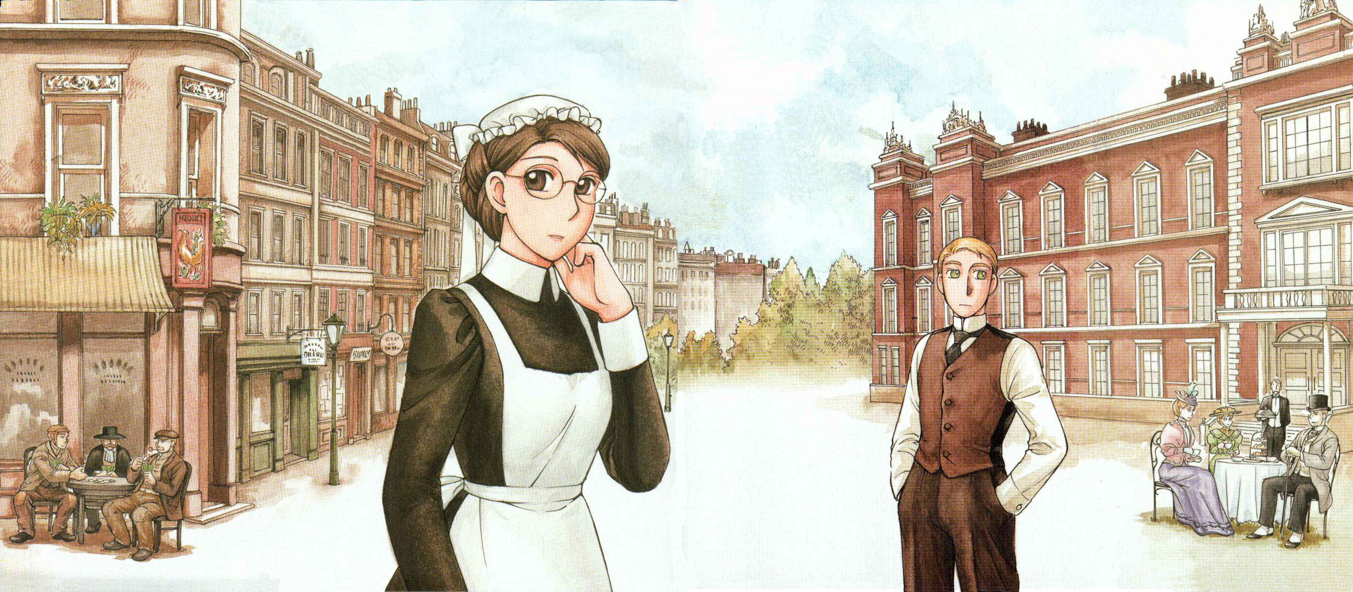 mori kaoru, eleanor campbell, emma, emma (victorian romance emma), grace jones, richard jones, stevens, william jones, victorian romance emma, highres, official art, scan, 00s, 3girls, 6+boys, butler, glasses, hat, maid, mob cap, multiple boys, multiple girls, smoking pipe, victorian, victorian maid