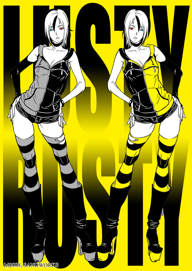 suna (sandworks), rusty, futaba channel, original, torn legwear, 1girl, boots, choker, dual persona, gloves, heterochromia, legs, multicolored hair, multiple views, short hair, shorts, striped clothes, striped thighhighs, thighhighs, torn clothes